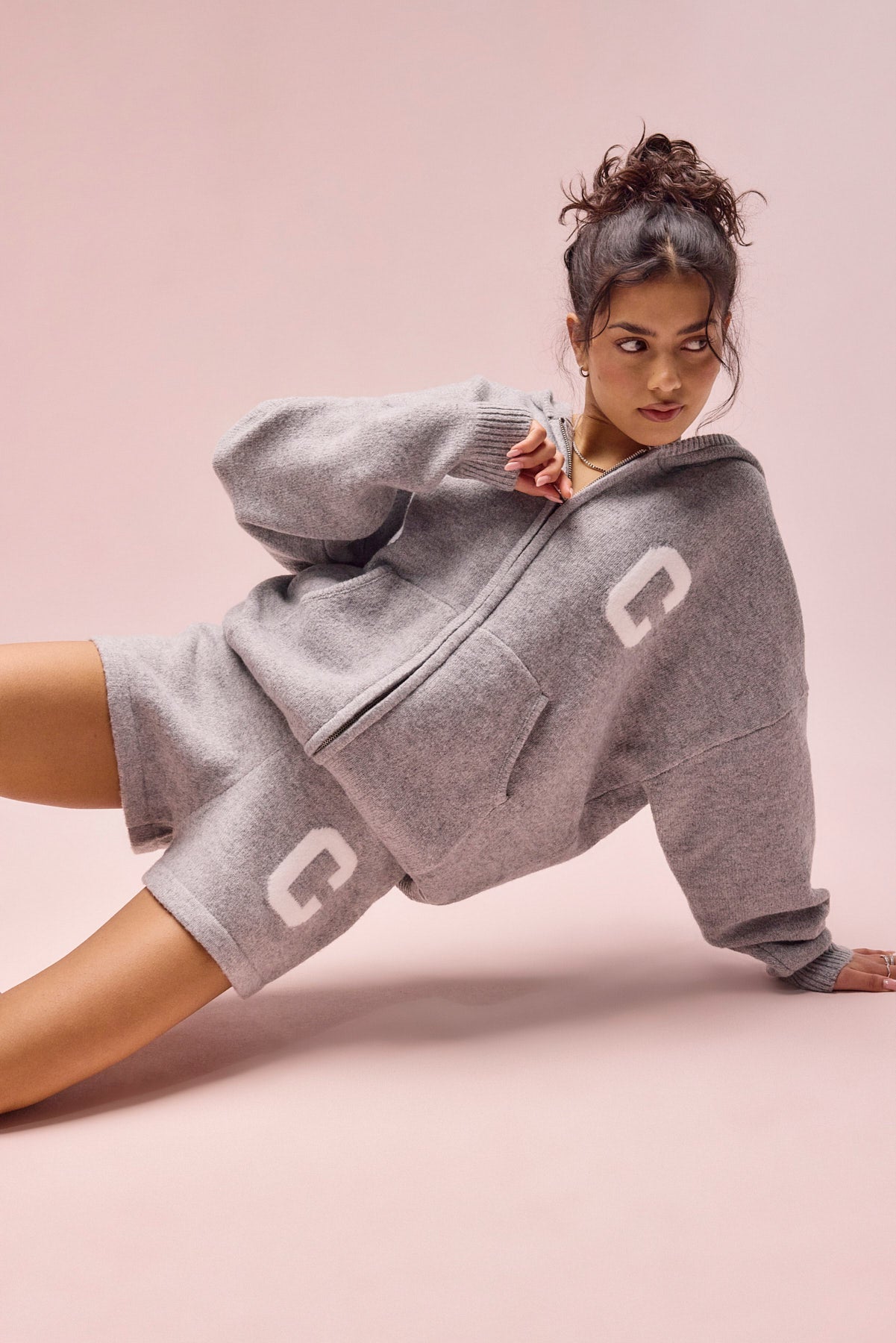 Hooded Zip Through Knitted Hoodie & Short - Grey